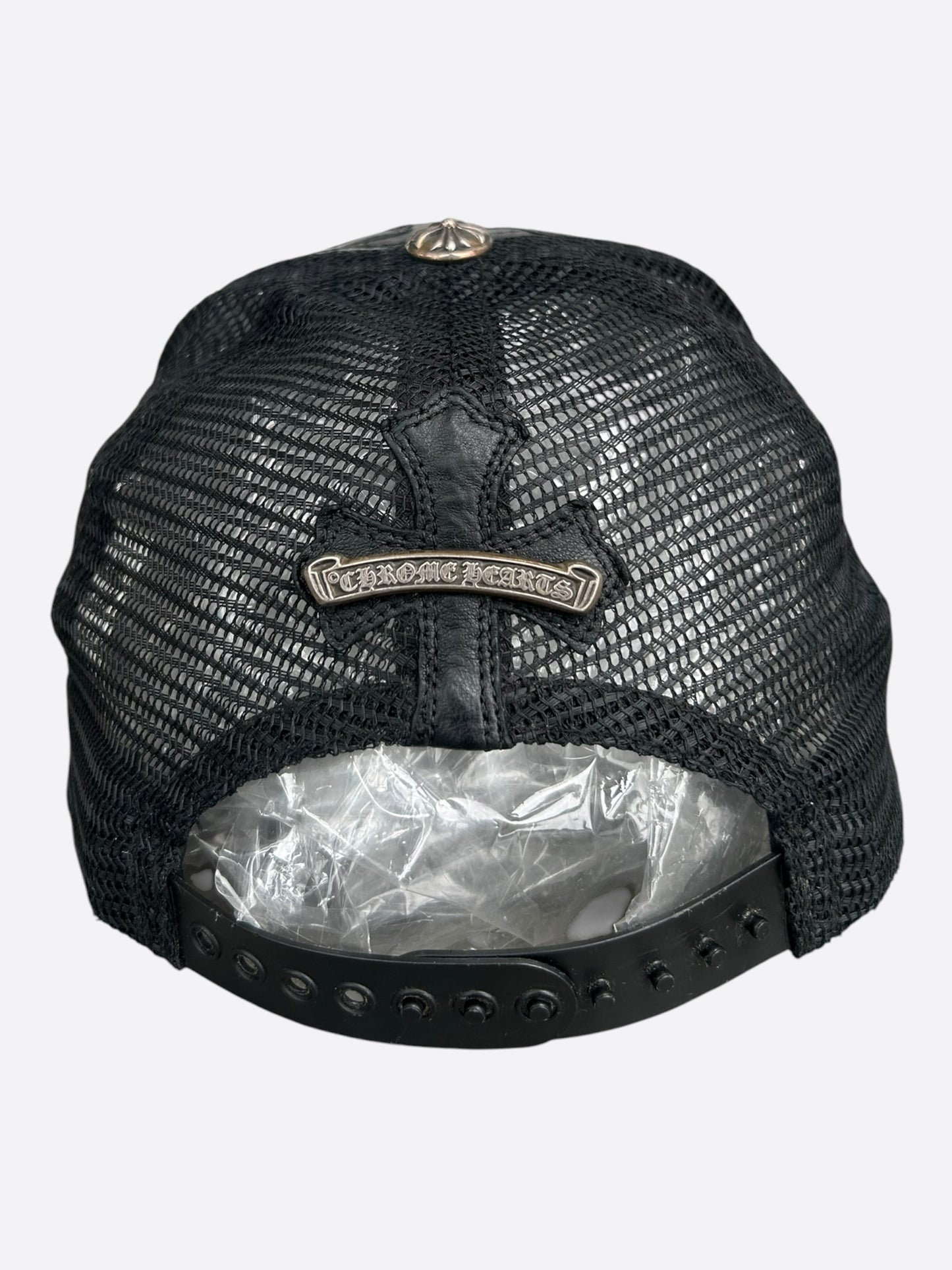 Chrome Hearts Black Leather Cemetery Cross Patch Trucker Hat