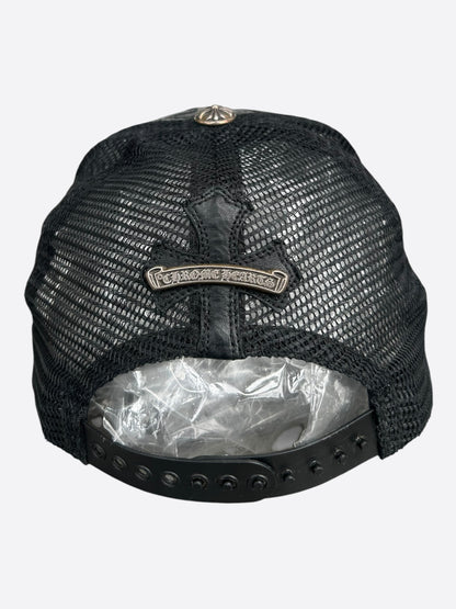 Chrome Hearts Black Leather Cemetery Cross Patch Trucker Hat