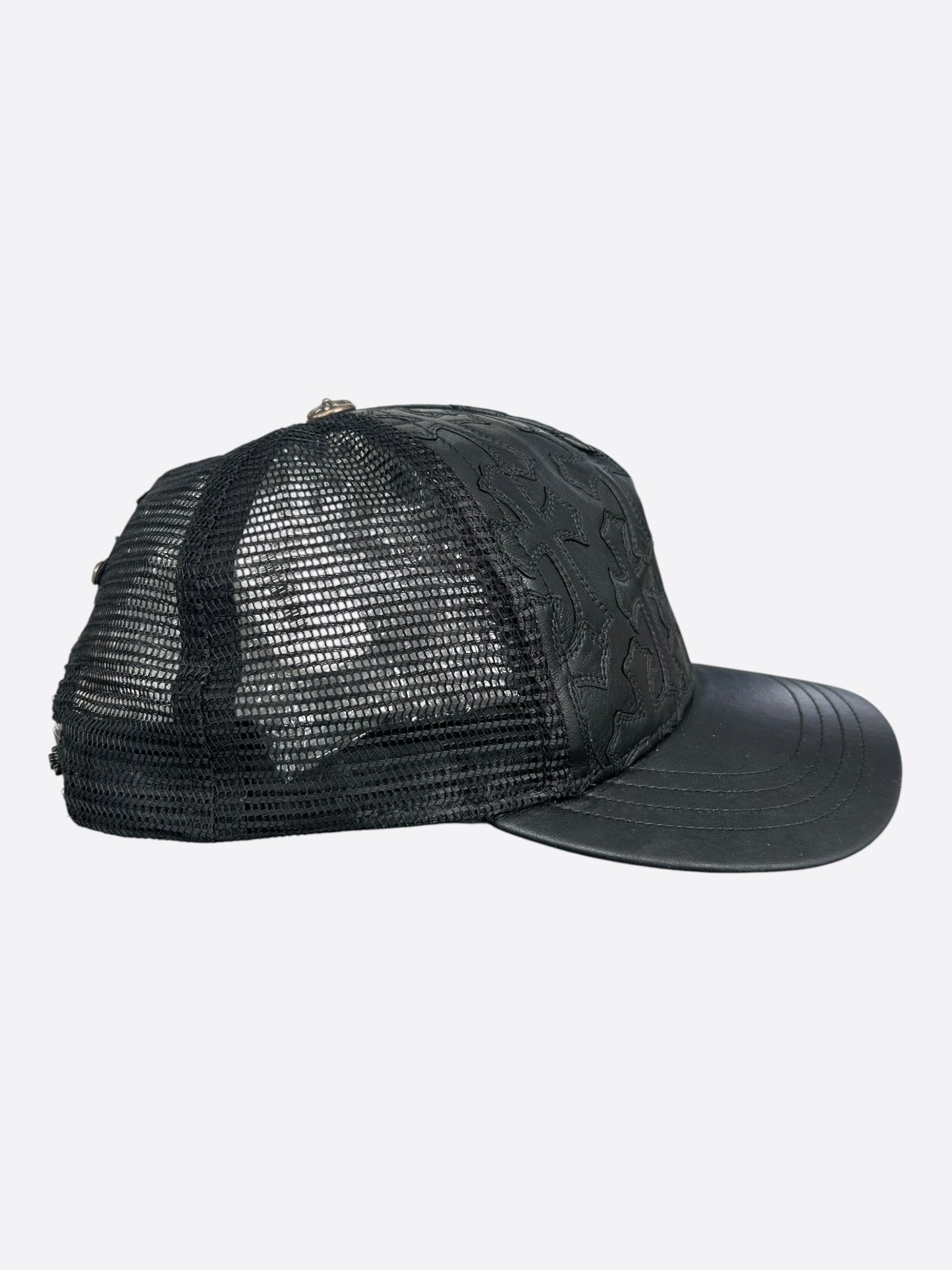 Chrome Hearts Black Leather Cemetery Cross Patch Trucker Hat