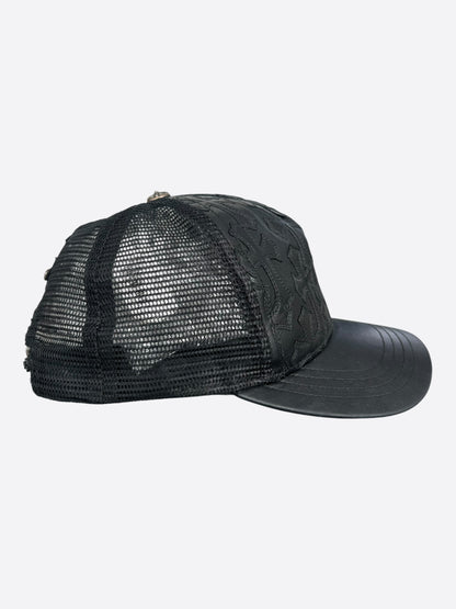 Chrome Hearts Black Leather Cemetery Cross Patch Trucker Hat