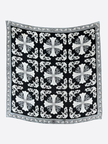 Chrome Hearts White & Black Cross Graphic Silk Scarf