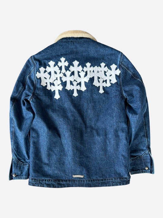Chrome Hearts Blue & White Cross Patch Denim Shearling Jacket