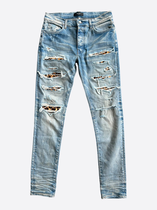 Amiri Clay Indigo Leopard Patch Thrasher Jeans