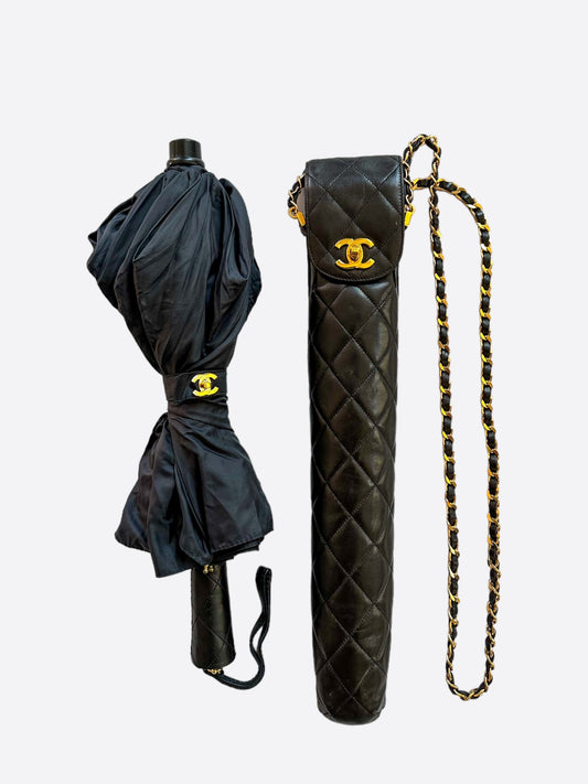 Chanel Black Folding Logo Umbrella & Case