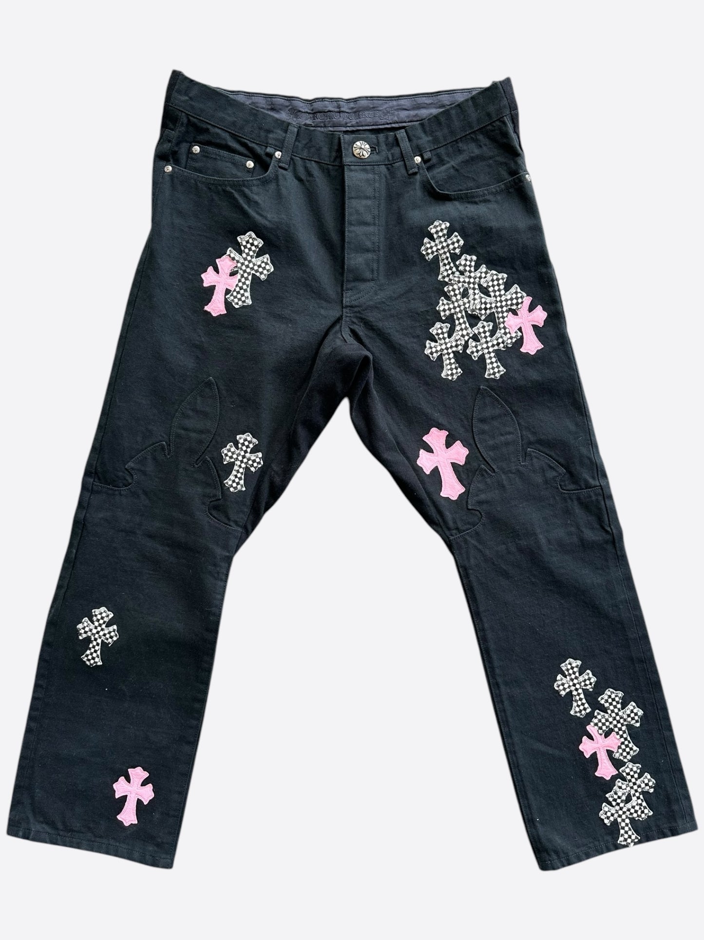 Chrome Hearts Black Pink & Checkered Cross Patch Fleur Jeans