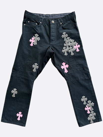 Chrome Hearts Black Pink & Checkered Cross Patch Fleur Jeans