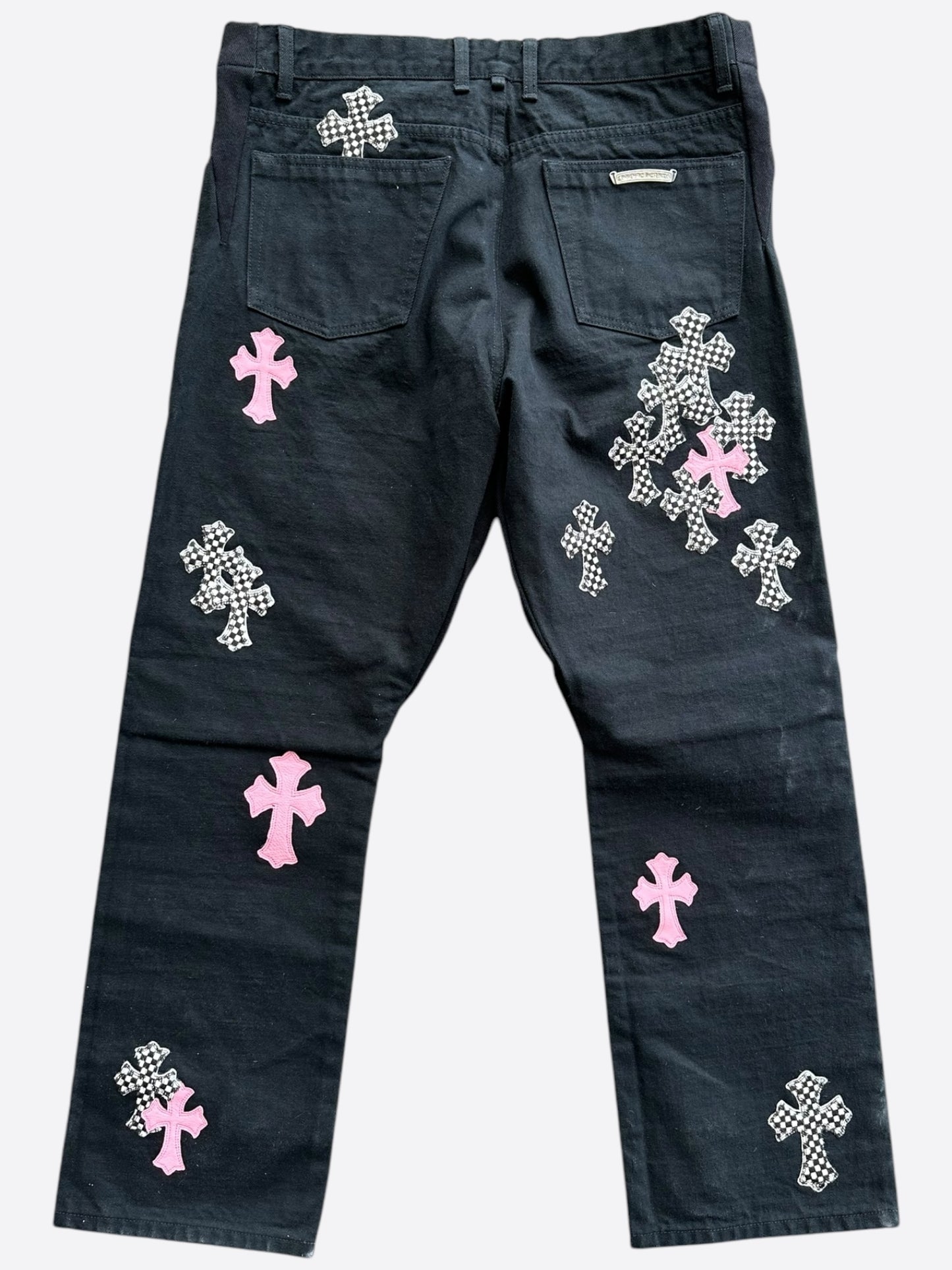 Chrome Hearts Black Pink & Checkered Cross Patch Fleur Jeans