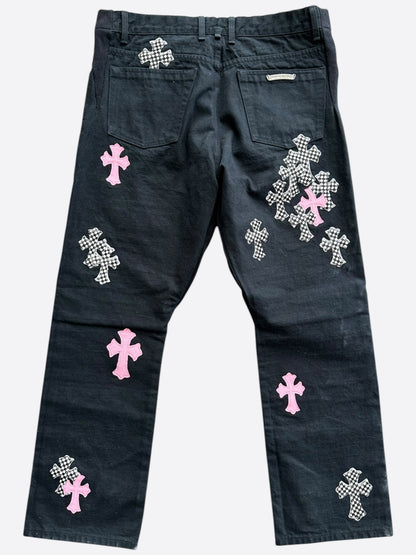 Chrome Hearts Black Pink & Checkered Cross Patch Fleur Jeans