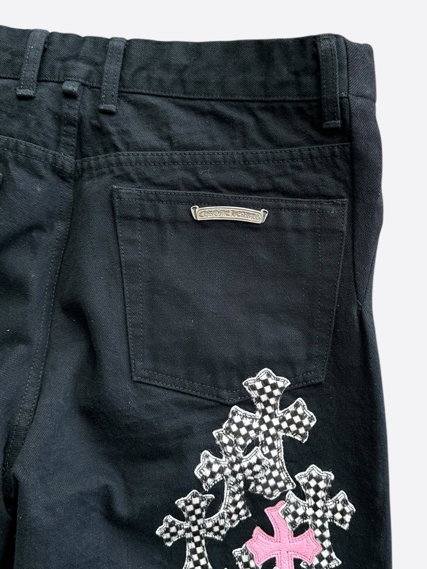 Chrome Hearts Black Pink & Checkered Cross Patch Fleur Jeans