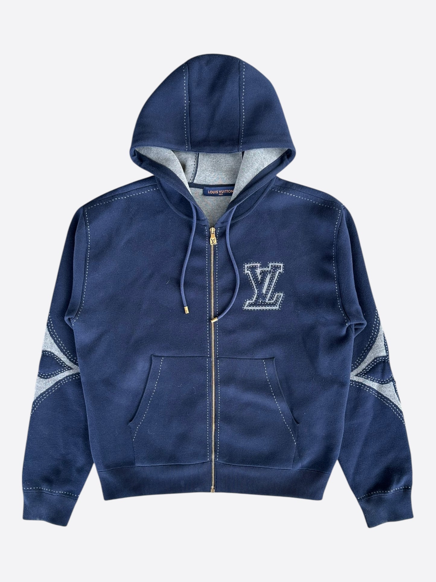 Louis Vuitton Navy & White Embroidered Logo Zip Up Hoodie