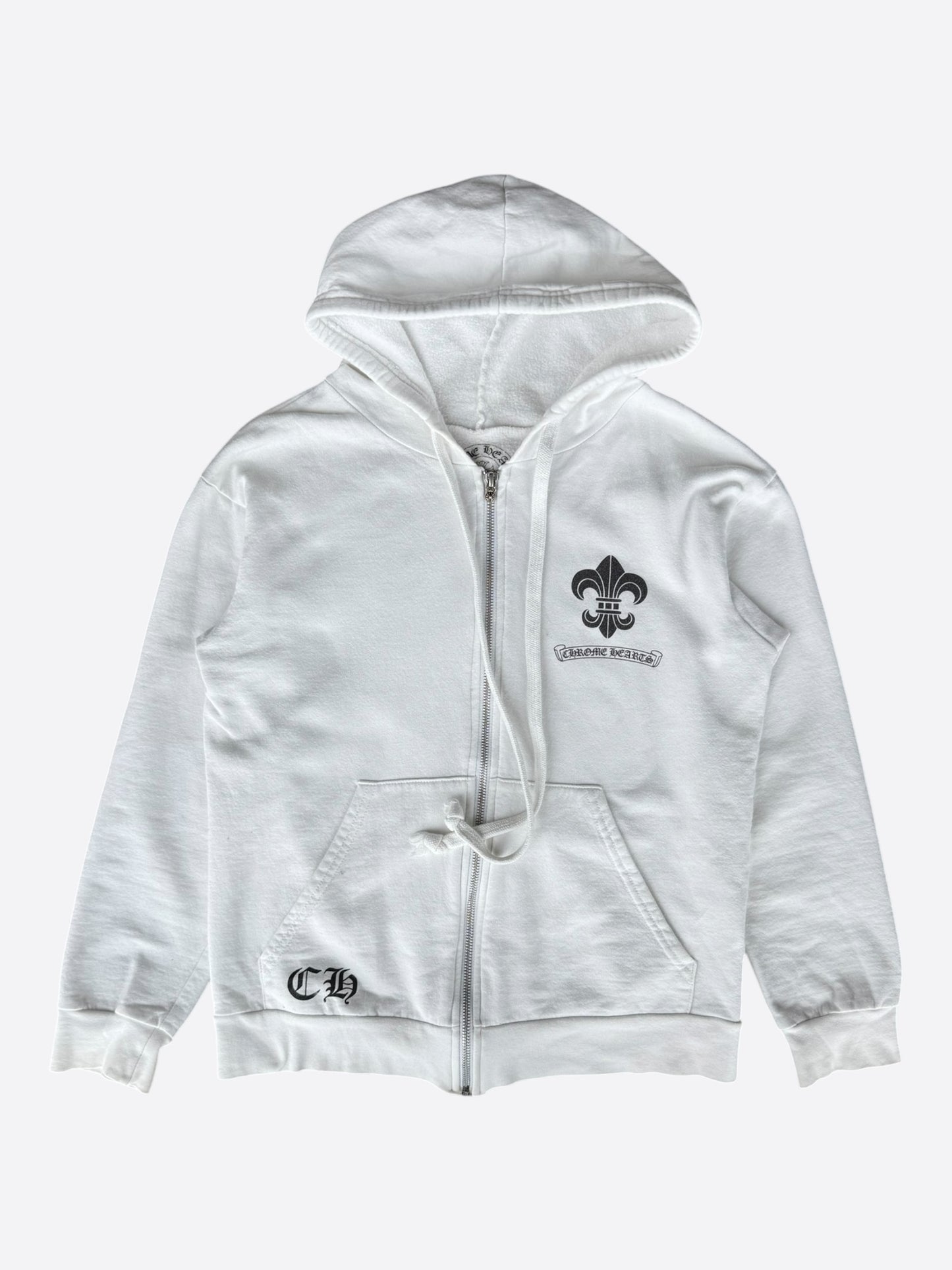 Chrome Hearts White & Black Fleur De Lis Logo Zip Up Hoodie