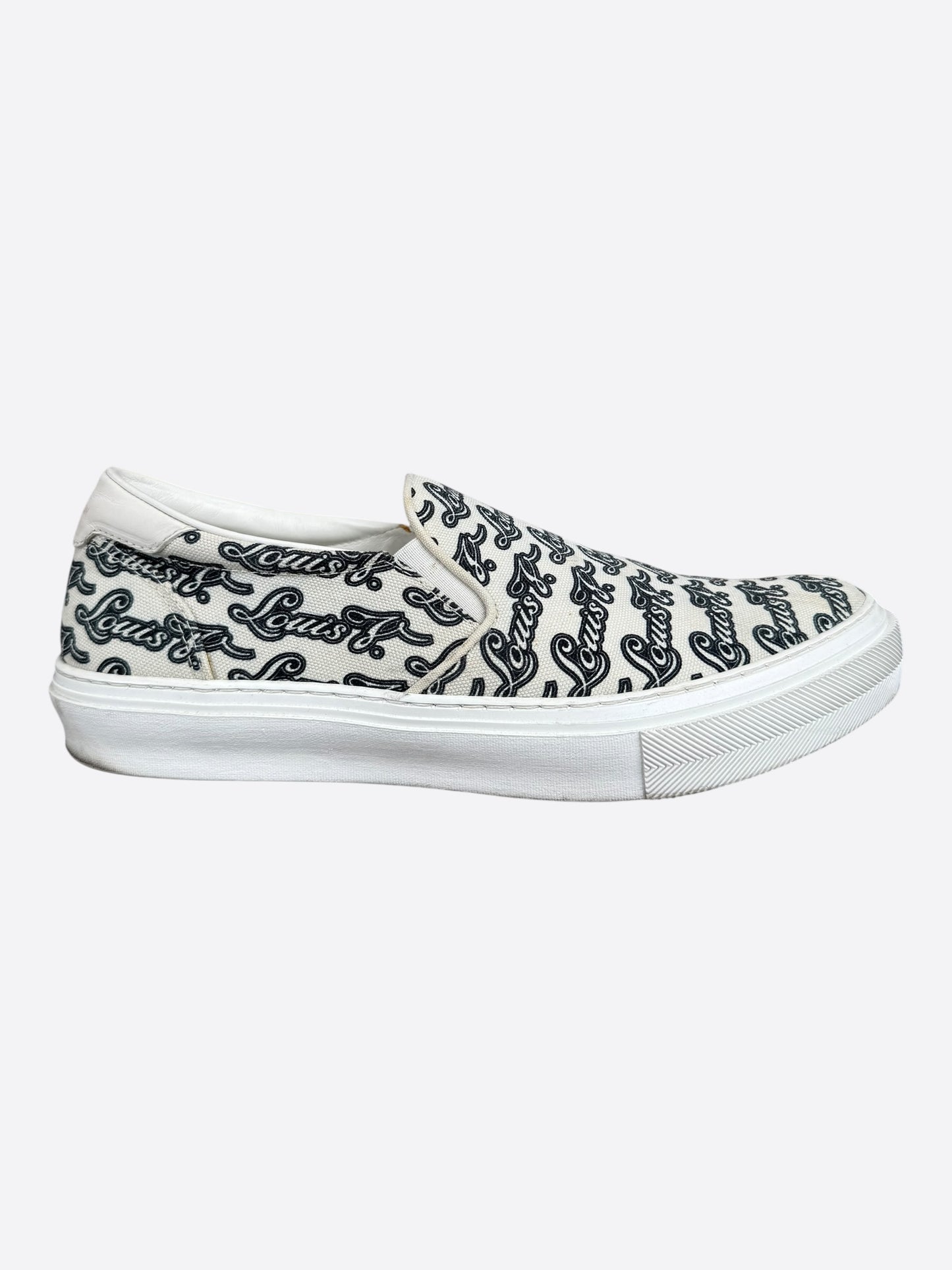 Louis Vuitton White & Black Repeat Logo Slip On Sneakers