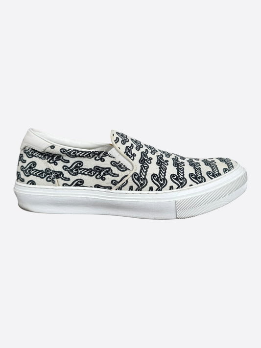 Louis Vuitton White & Black Repeat Logo Slip On Sneakers