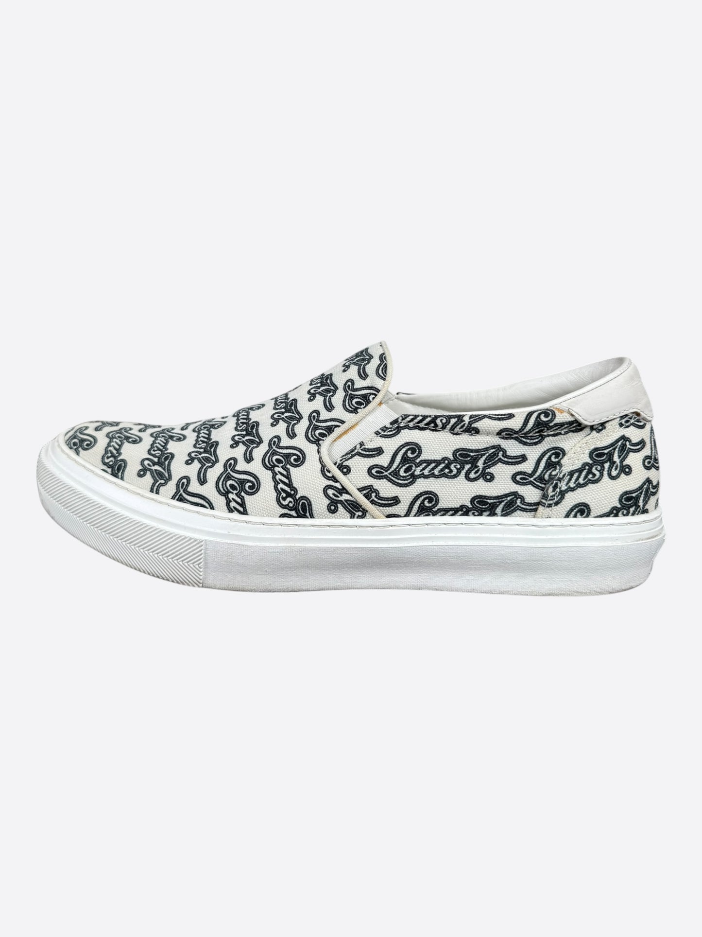 Louis Vuitton White & Black Repeat Logo Slip On Sneakers