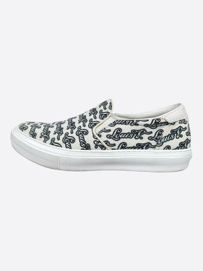 Louis Vuitton White & Black Repeat Logo Slip On Sneakers