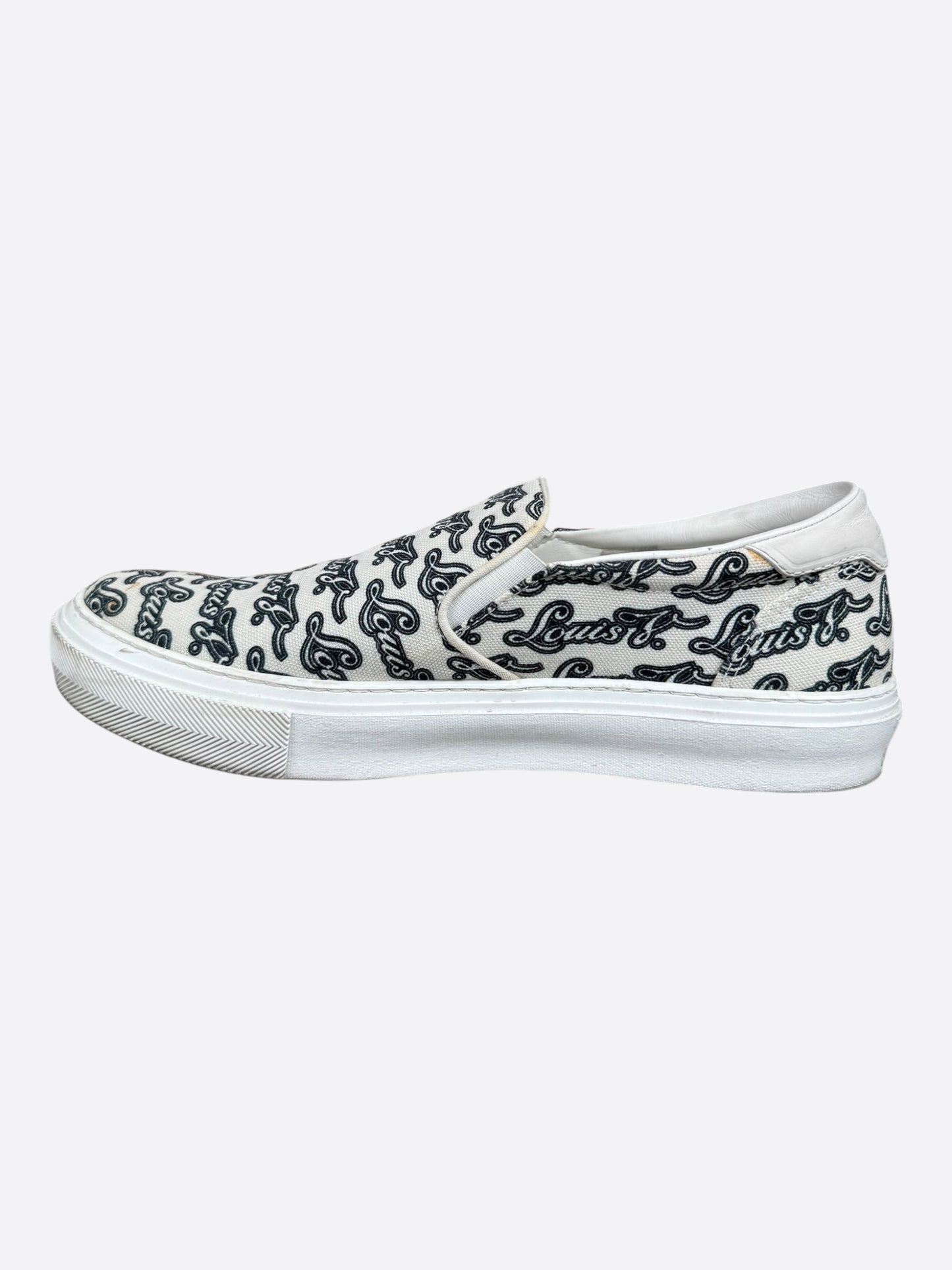 Louis Vuitton White & Black Repeat Logo Slip On Sneakers