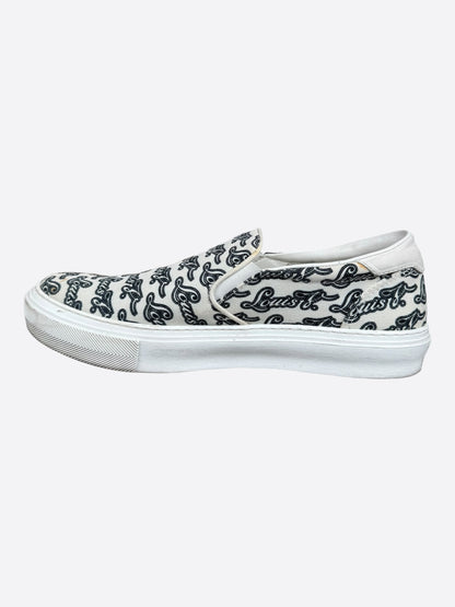 Louis Vuitton White & Black Repeat Logo Slip On Sneakers