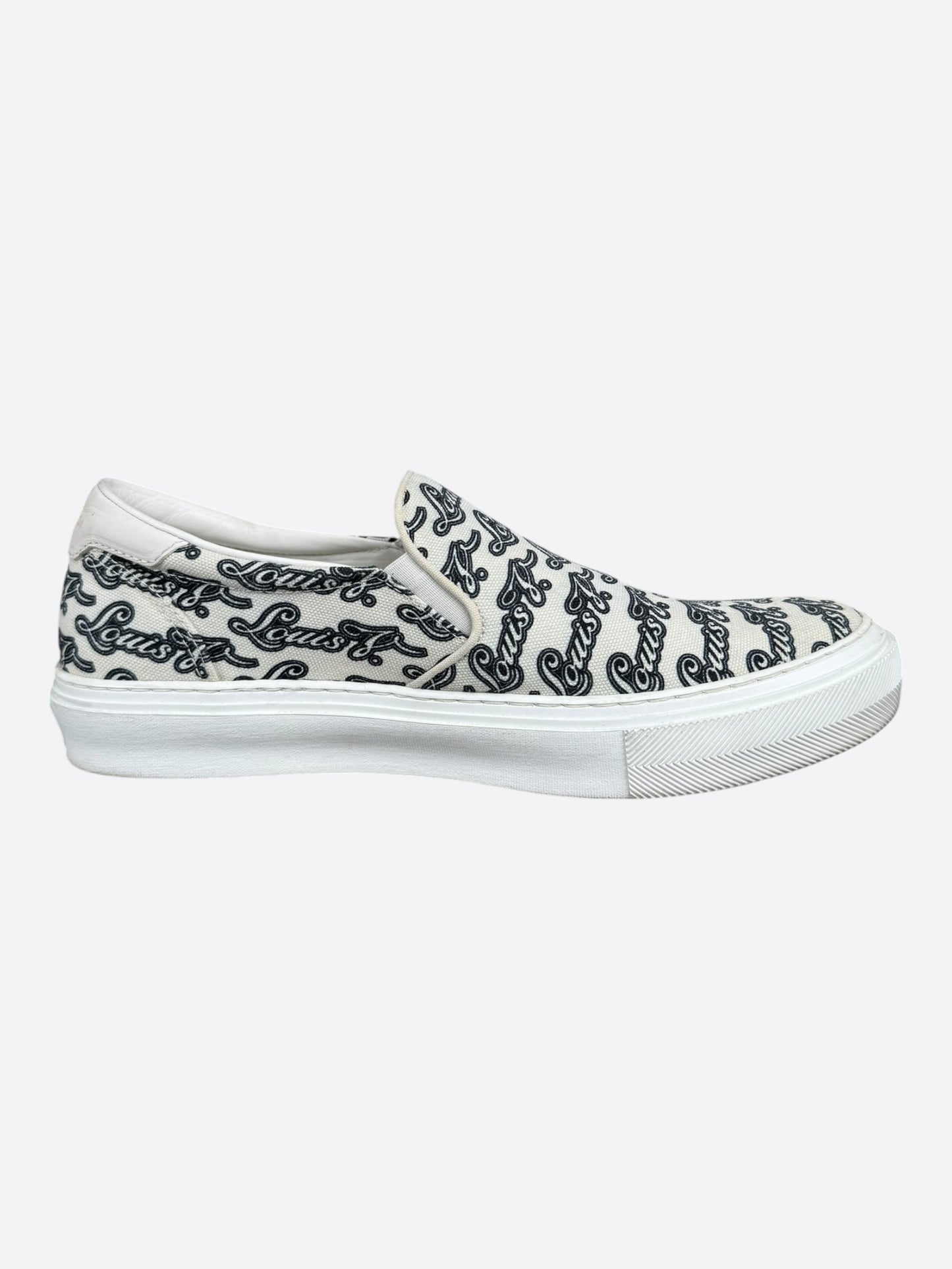 Louis Vuitton White & Black Repeat Logo Slip On Sneakers
