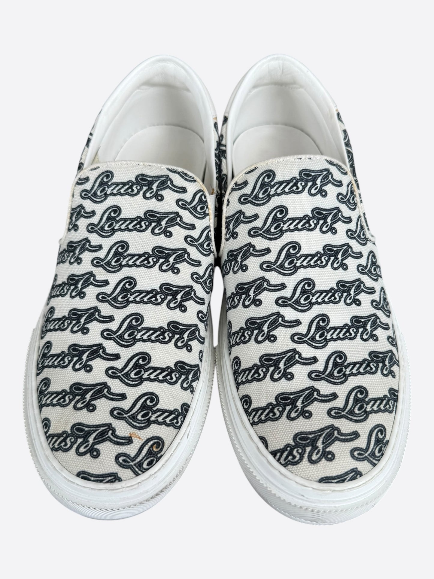Louis Vuitton White & Black Repeat Logo Slip On Sneakers