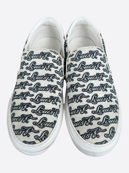 Louis Vuitton White & Black Repeat Logo Slip On Sneakers