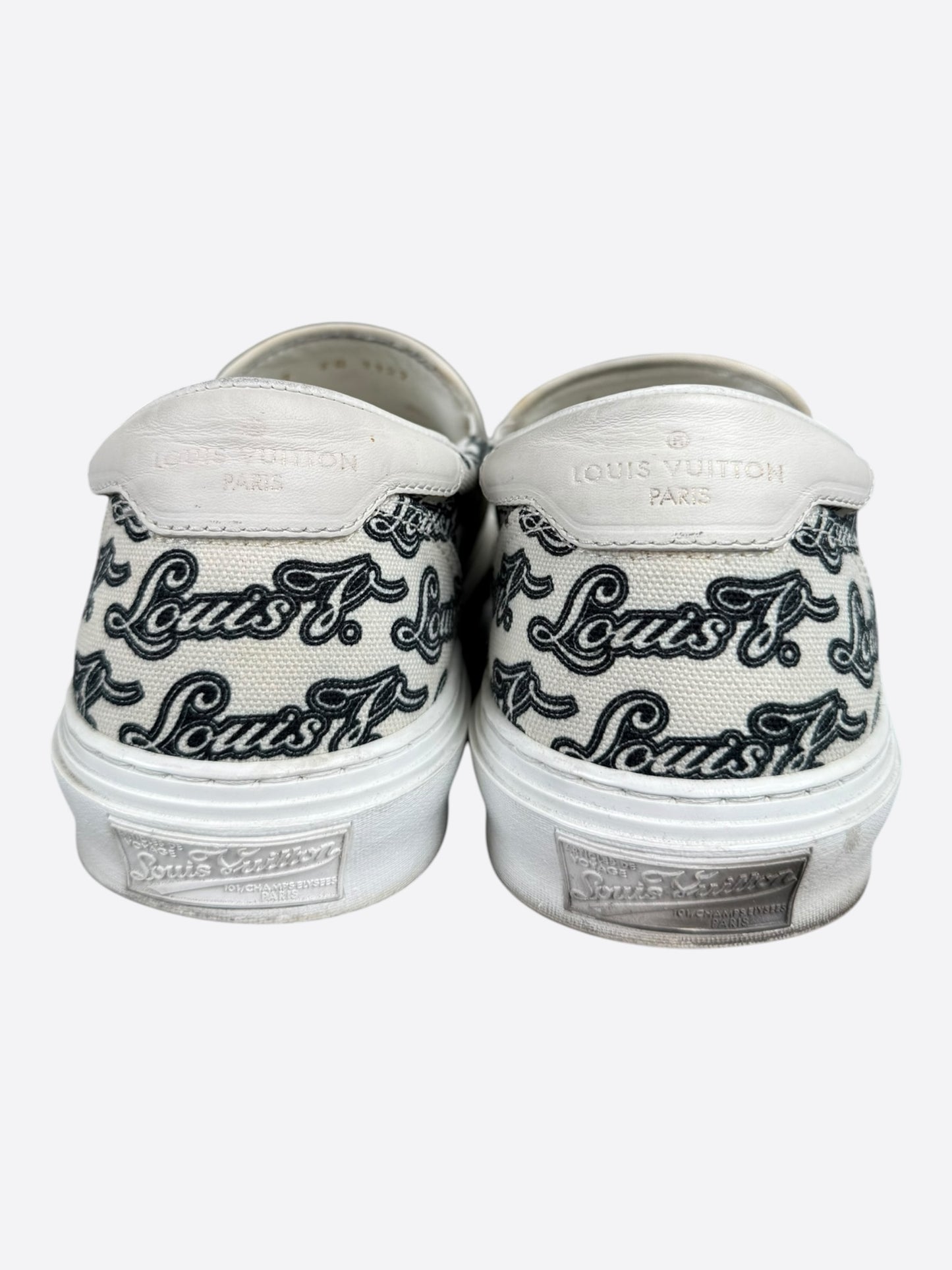 Louis Vuitton White & Black Repeat Logo Slip On Sneakers