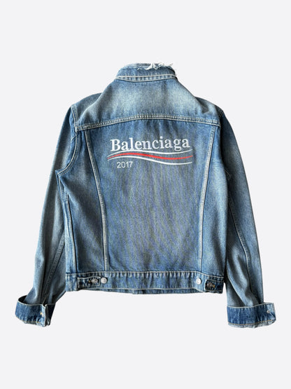 Balenciaga Blue Distressed Campaign Logo Denim Jacket