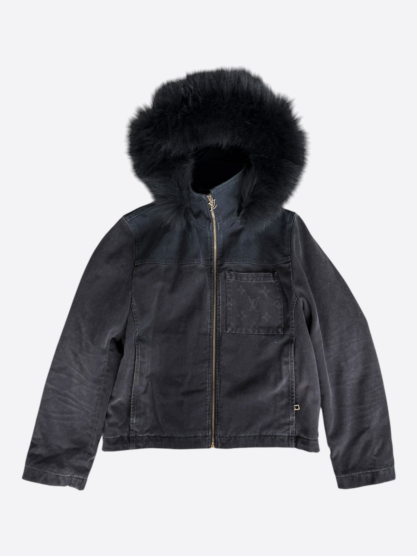 Louis Vuitton Black Monogram Fur Hooded Jacket