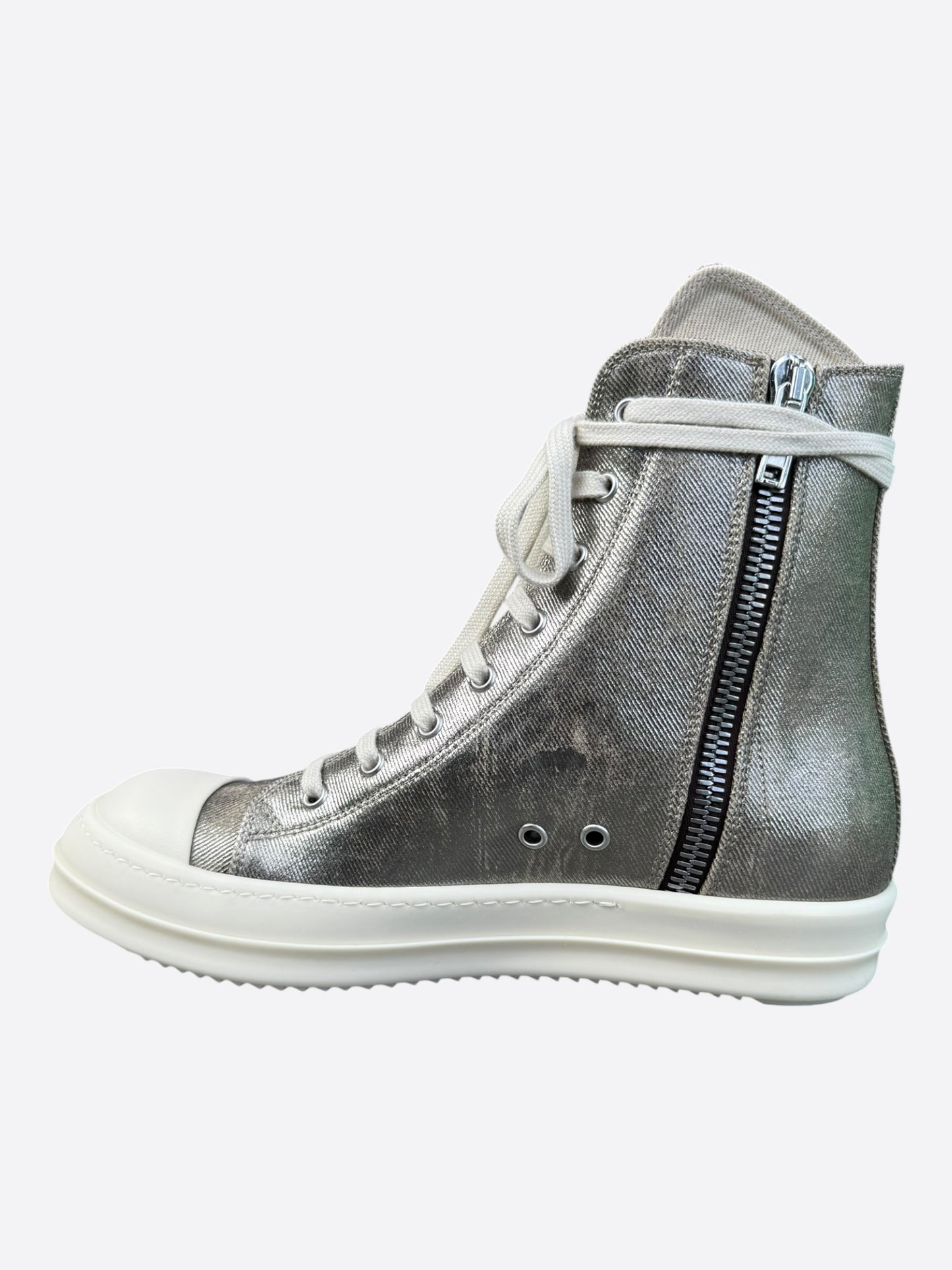 Rick Owens Silver & White High Top Sneakers