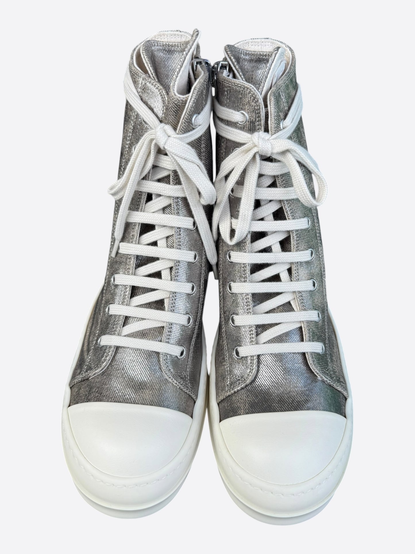 Rick Owens Silver & White High Top Sneakers