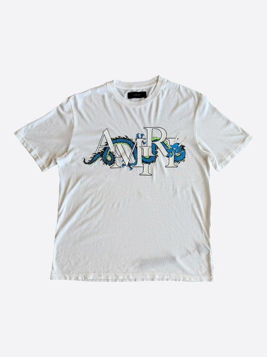 Amiri White & Blue Dragon Logo T-Shirt