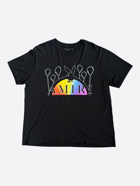 Amiri Playboy Black & Rainbow Bunny Logo T-Shirt