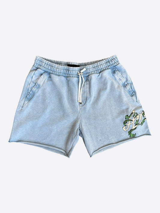 Amiri Faded Blue & White Filigree Logo Shorts