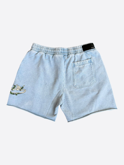 Amiri Faded Blue & White Filigree Logo Shorts