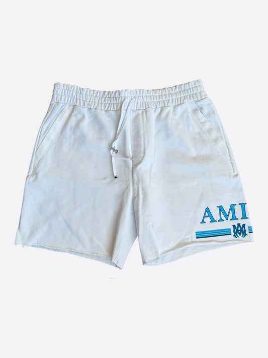 Amiri White & Blue MA Bar Logo Shorts