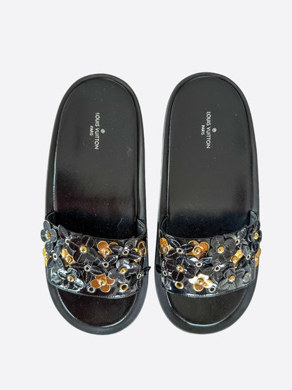 Louis Vuitton Black & Gold Sunbath Flower Women's Slides