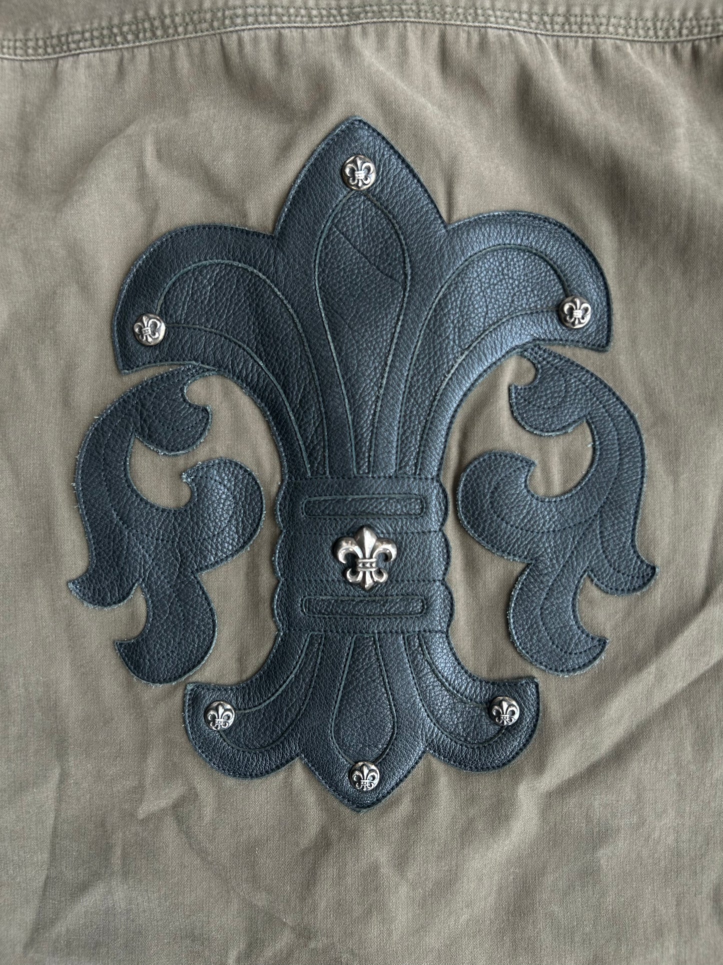 Chrome Hearts Olive & Black Leather Fleur Patch Button Up Shirt