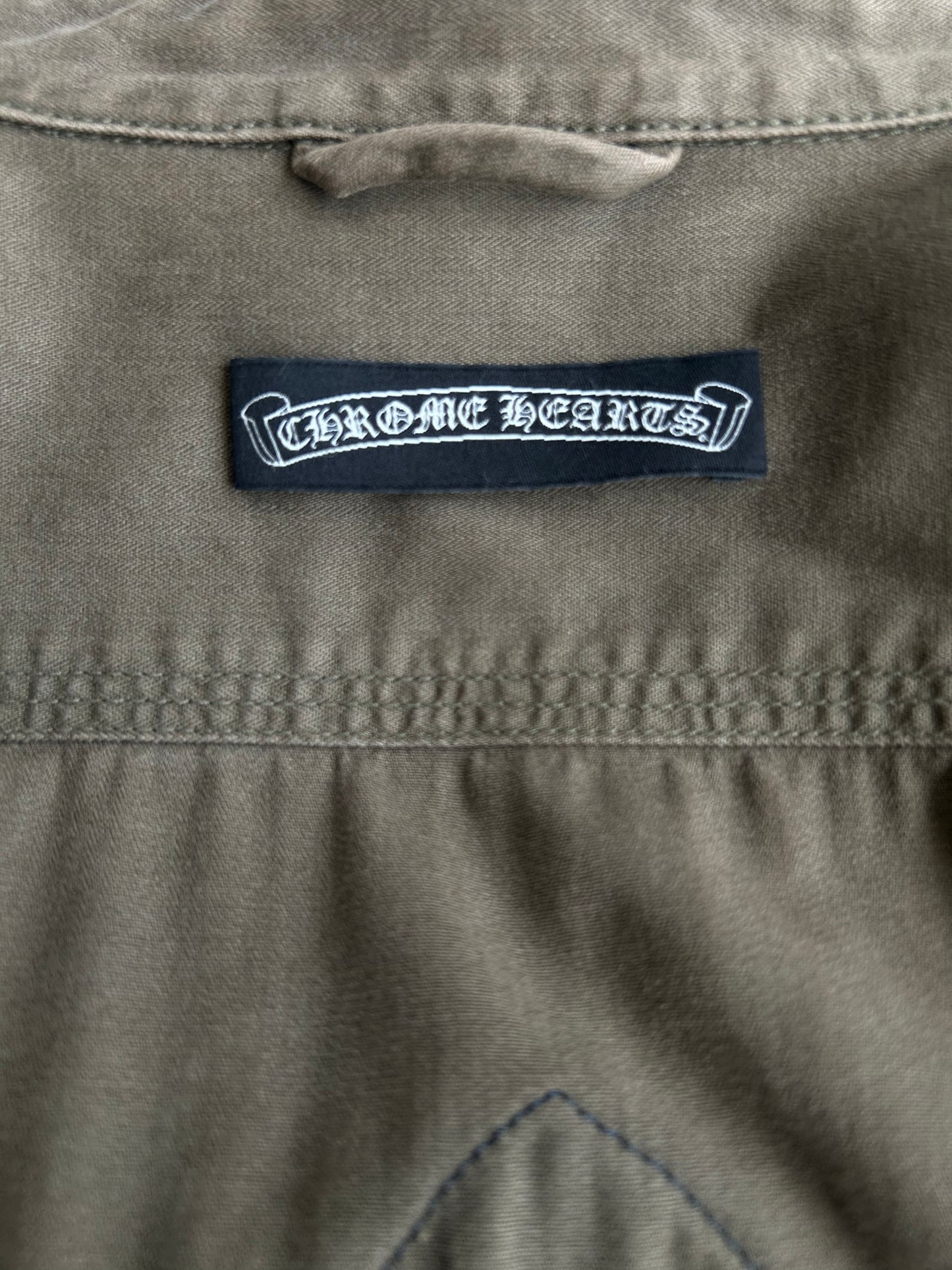 Chrome Hearts Olive & Black Leather Fleur Patch Button Up Shirt