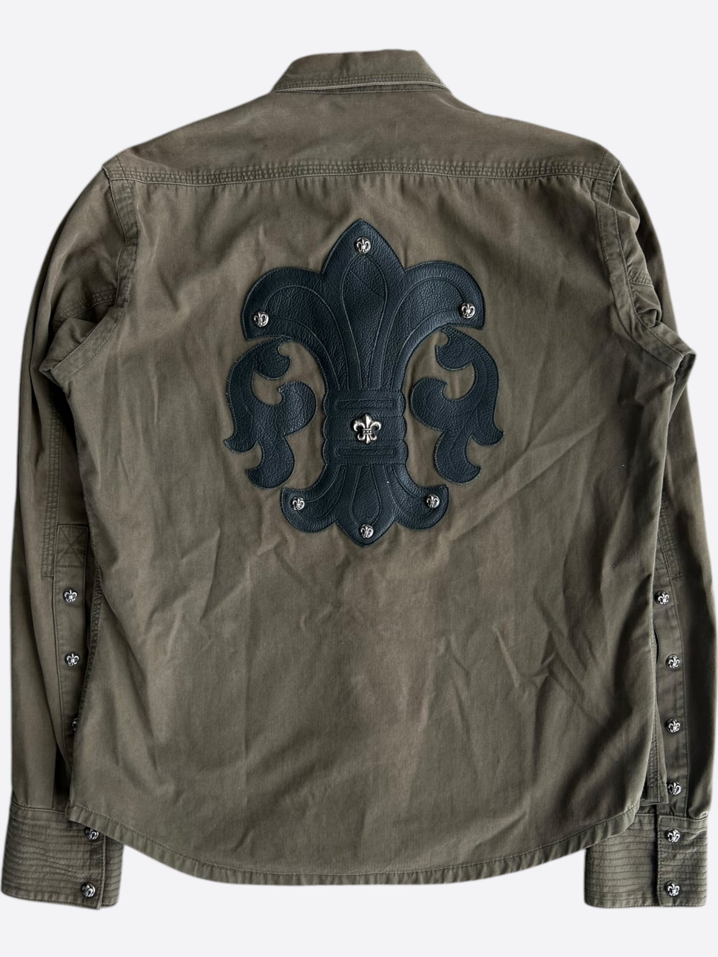 Chrome Hearts Olive & Black Leather Fleur Patch Button Up Shirt