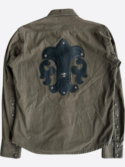 Chrome Hearts Olive & Black Leather Fleur Patch Button Up Shirt