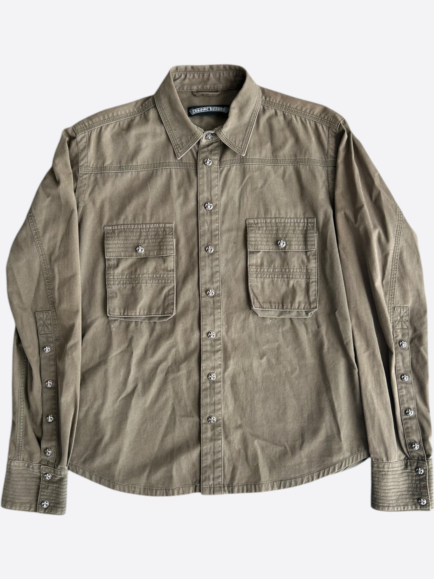 Chrome Hearts Olive & Black Leather Fleur Patch Button Up Shirt