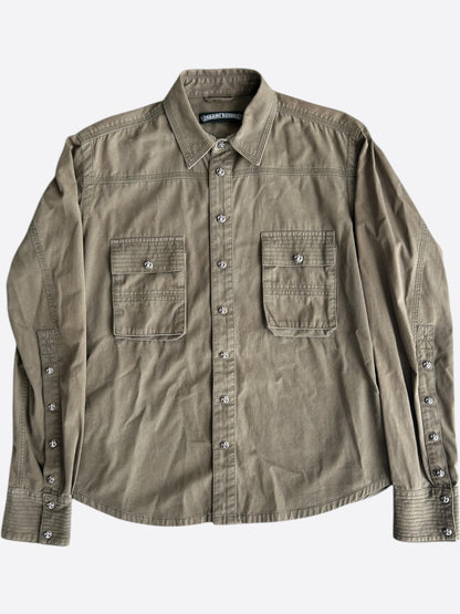 Chrome Hearts Olive & Black Leather Fleur Patch Button Up Shirt