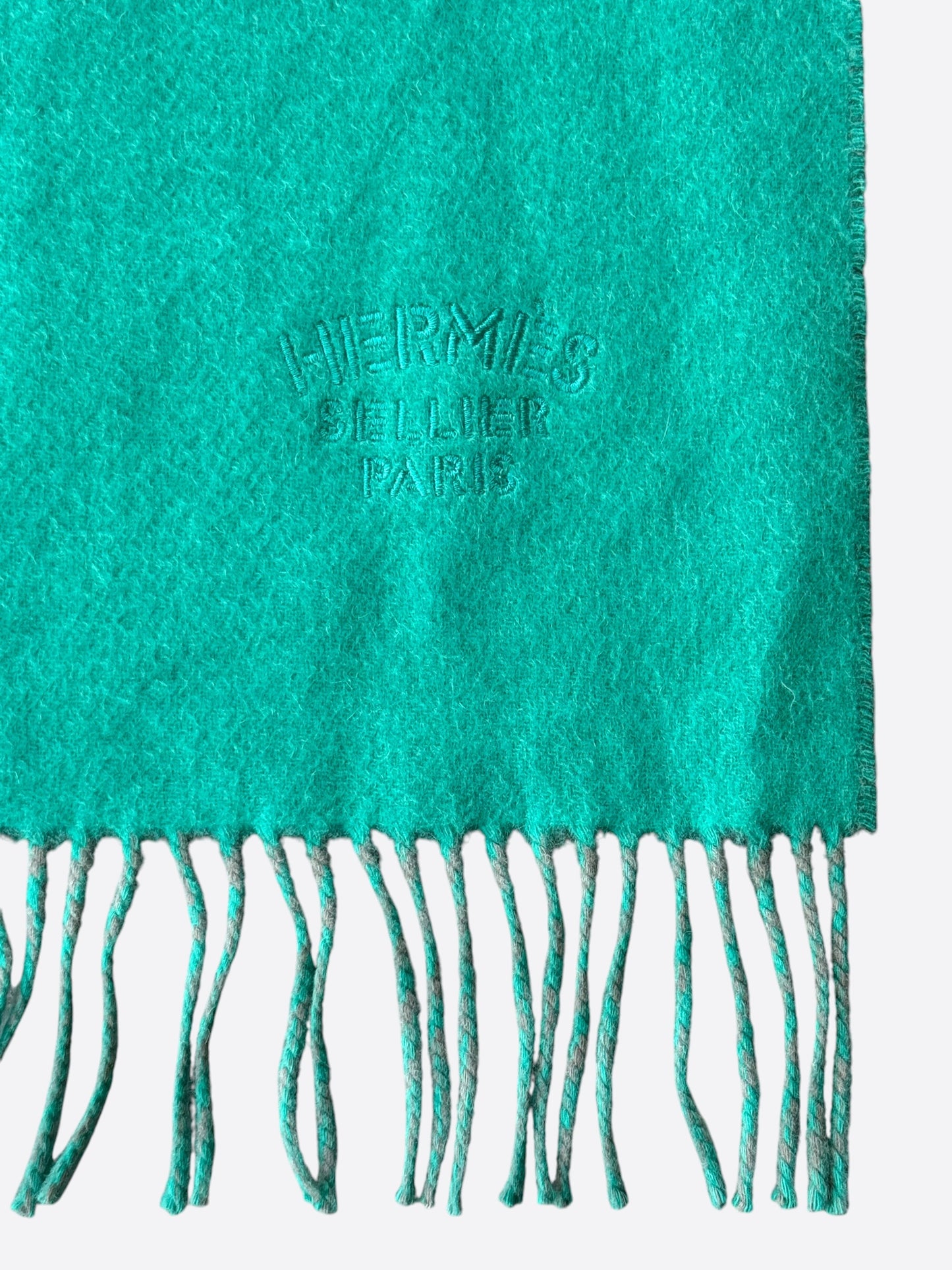 Hermes Grey & Turquoise Embroidered Logo Cashmere Scarf