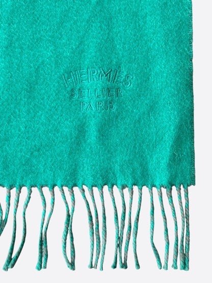 Hermes Grey & Turquoise Embroidered Logo Cashmere Scarf