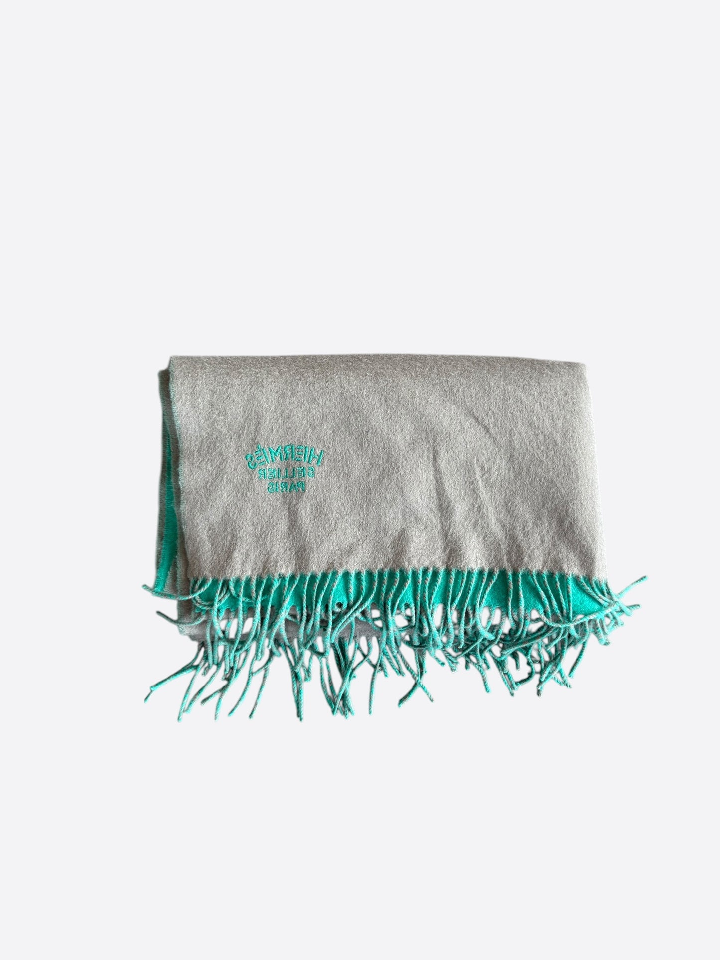 Hermes Grey & Turquoise Embroidered Logo Cashmere Scarf