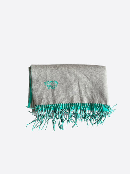 Hermes Grey & Turquoise Embroidered Logo Cashmere Scarf