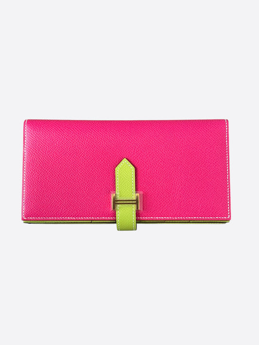 Hermes Pink & Lime Green Epsom Bearn Wallet