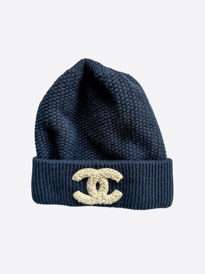 Chanel Navy & Cream Embroidered Logo Cashmere Beanie