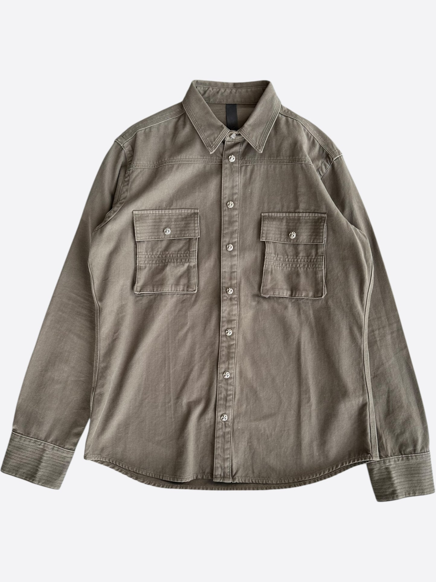 Chrome Hearts Olive & Black Leather Fleur Patch Button Up Shirt