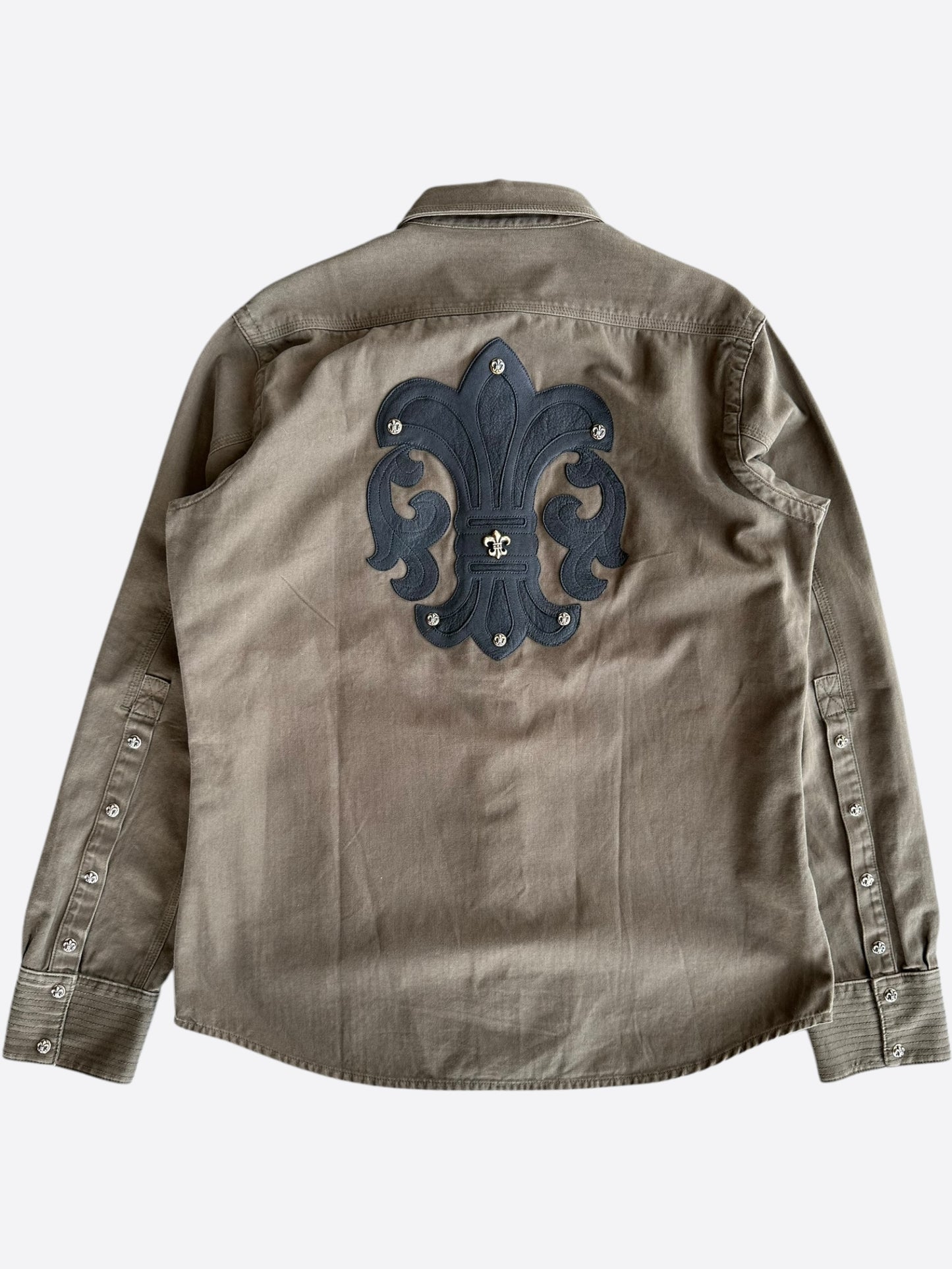 Chrome Hearts Olive & Black Leather Fleur Patch Button Up Shirt