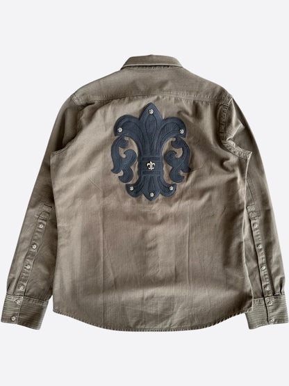 Chrome Hearts Olive & Black Leather Fleur Patch Button Up Shirt